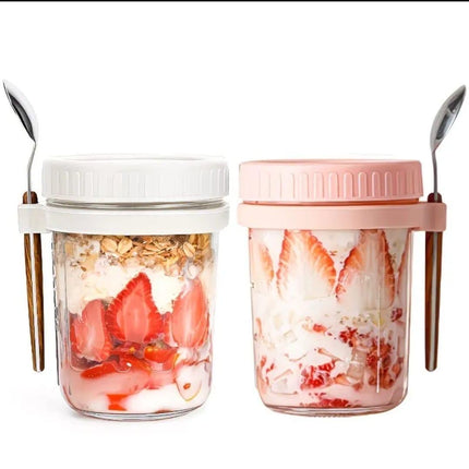 Set of Overnight glass jars for oat, Salad.. and more , with spoon