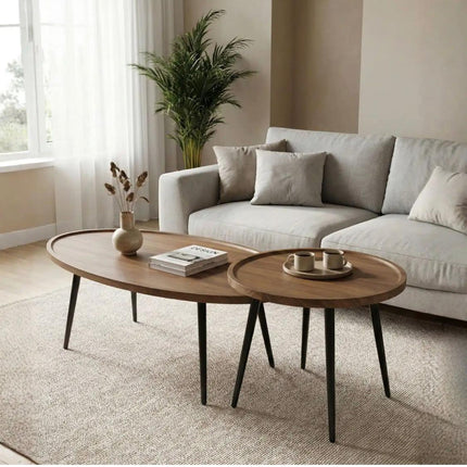 2 pcs set middle wooden table with metal stand