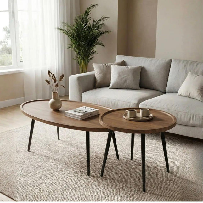 2 pcs set middle wooden table with metal stand