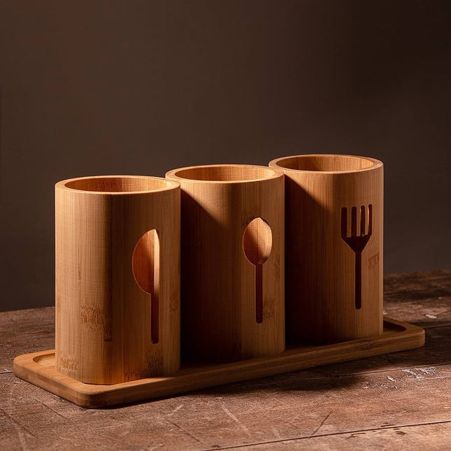 حامل أدوات الخيزران 3 قطع مع صينية