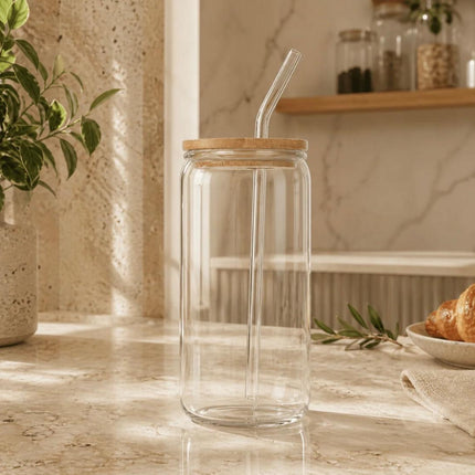 470ml/Glass Cup with Bamboo Lid and Straw