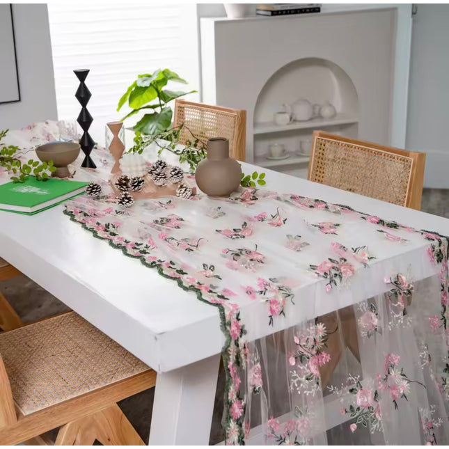 Wide Pink Flower Embroidered Lace Tablecloth