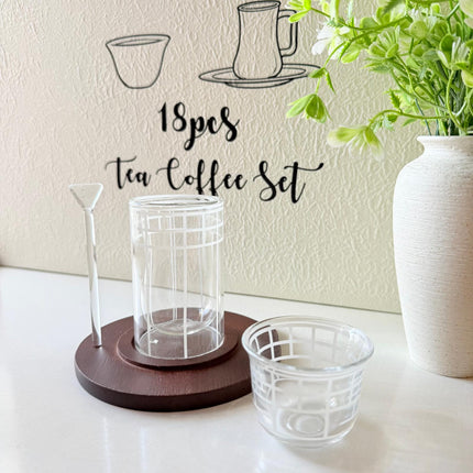 18 pcs set double glass teaset transparent with wooden base