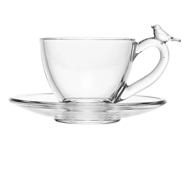 مجموعة من أكواب زجاجية على شكل طائر مع صحن