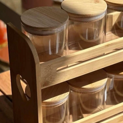Wooden stand with spice jars