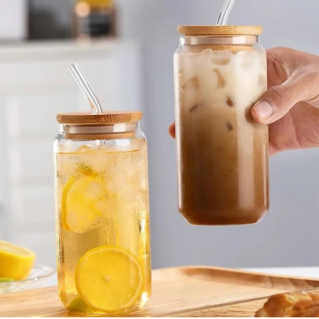 470ml/Glass Cup with Bamboo Lid and Straw
