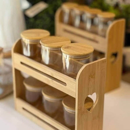 Wooden stand with spice jars