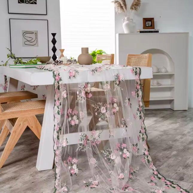 Wide Pink Flower Embroidered Lace Tablecloth