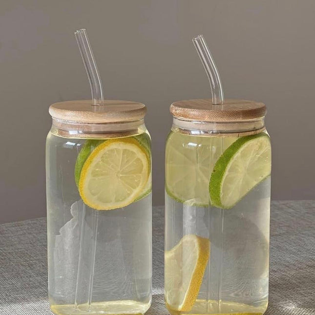 470ml/Glass Cup with Bamboo Lid and Straw