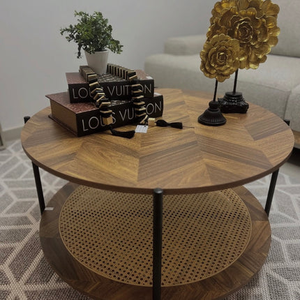 2 tier round rattan wood table