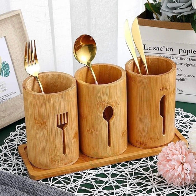 حامل أدوات الخيزران 3 قطع مع صينية