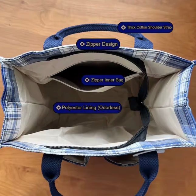 Women's Thickened Canvas Handbag Grid Pattern