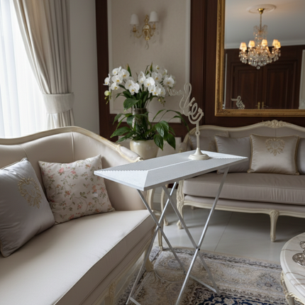 White wooden serving folded table