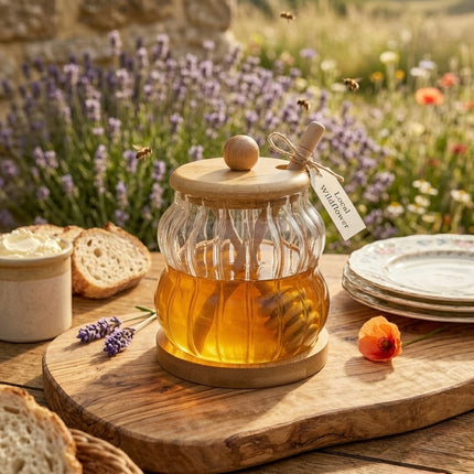 Glass honey jar with wooden touch