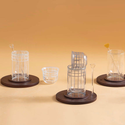 18 pcs set double glass teaset transparent with wooden base