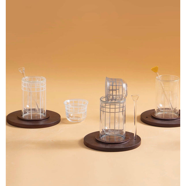 18 pcs set double glass teaset transparent with wooden base
