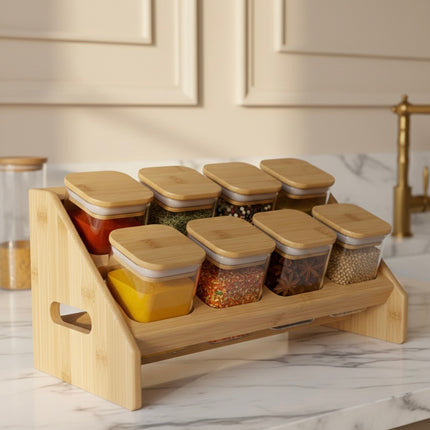 Wooden multi-layer seasoning kitchen rack - glass jar vaccumed wooden cover