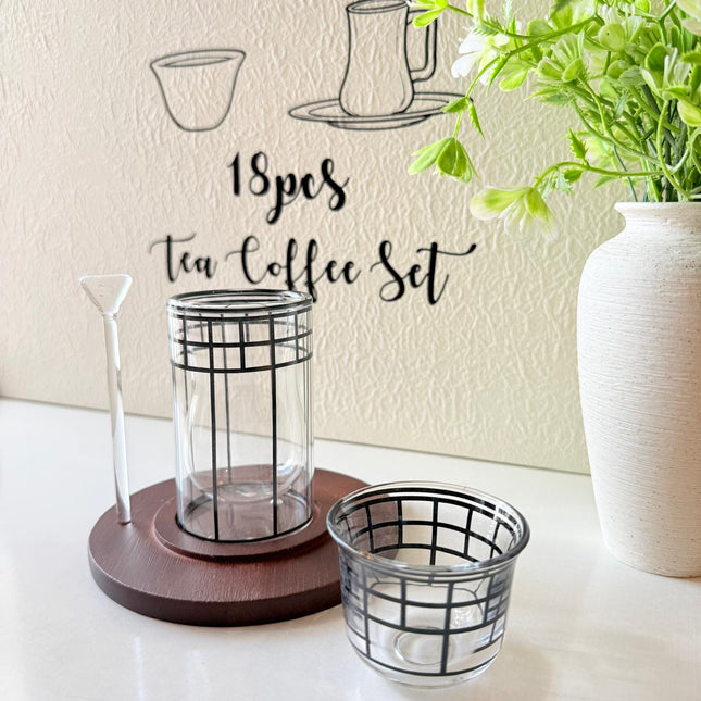18 pcs set double glass teaset transparent with wooden base